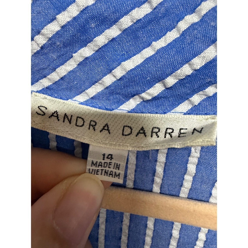 Sandra Darren Blue White Seersucker Stripe Tiered Dress Size 14 Fourth of July - Picture 5 of 6